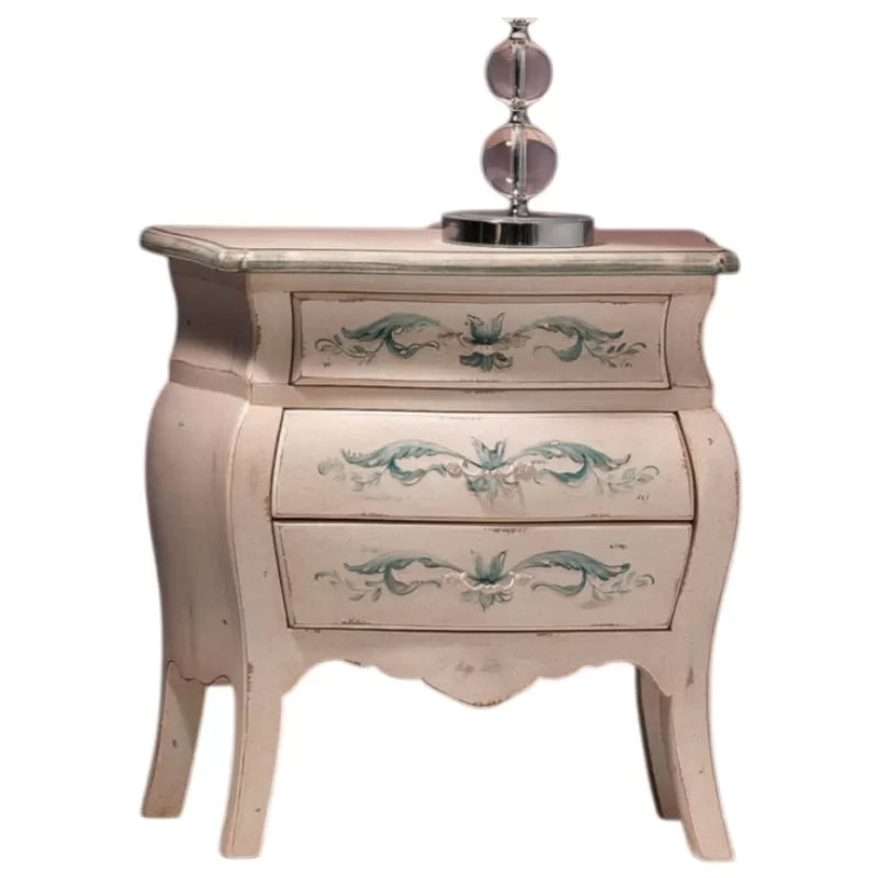 Comodino bombato shabby legno avorio decori floreali 62x32x65 (1369) - Mobili 2G