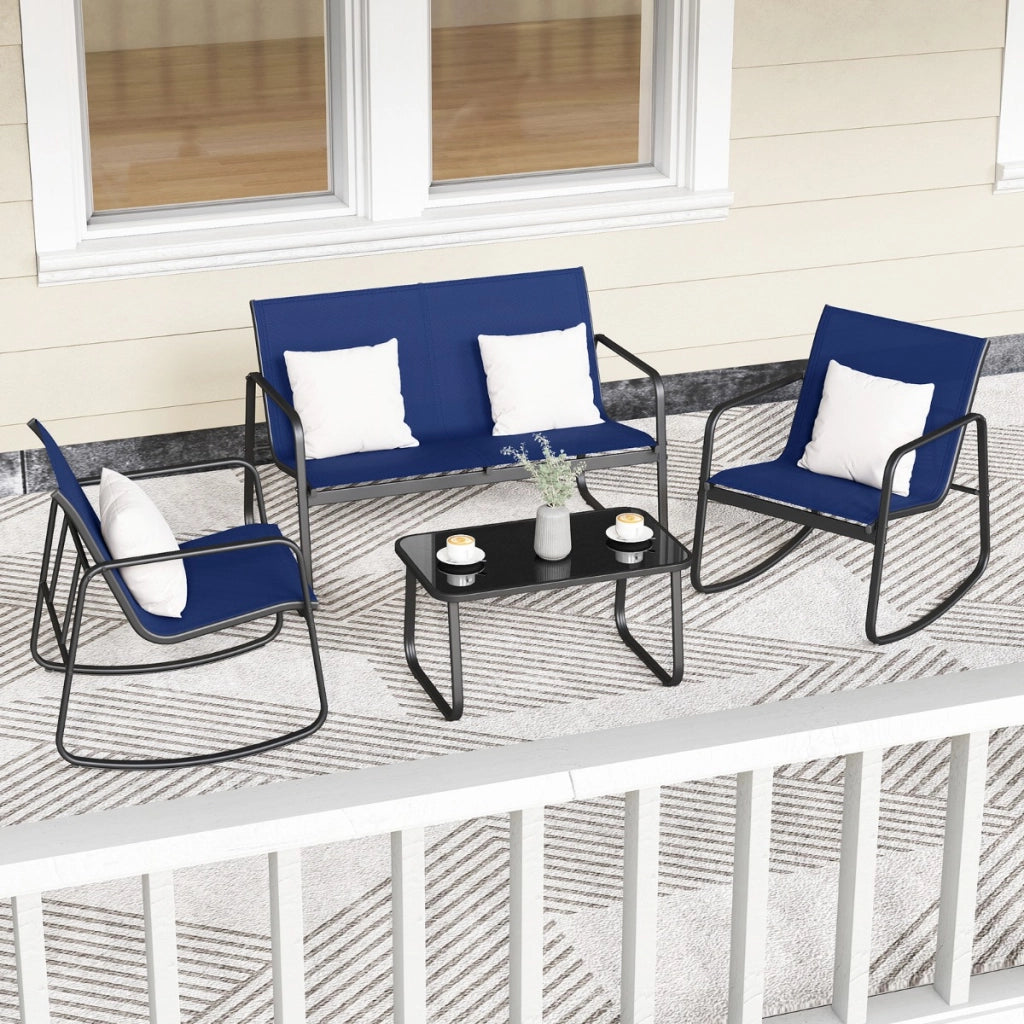 Set di mobili da giardino 4 pezzi di sedute per 4 persone, Mobili per terrazza con dolce movimento oscillante Blu