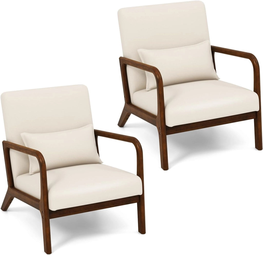 Mid Century Accent Chair, sedia interna per il tempo libero con seduta e schienale imbottiti, poltrona imbottita in legno con cuscino lombare, poltrona lounge per camera da letto (beige)