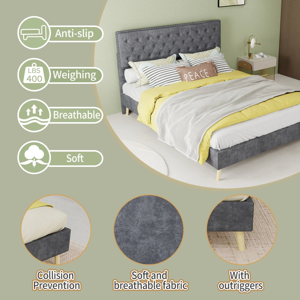 Letto imbottito 140x200 cm grigio con testiera alta e rete a doghe