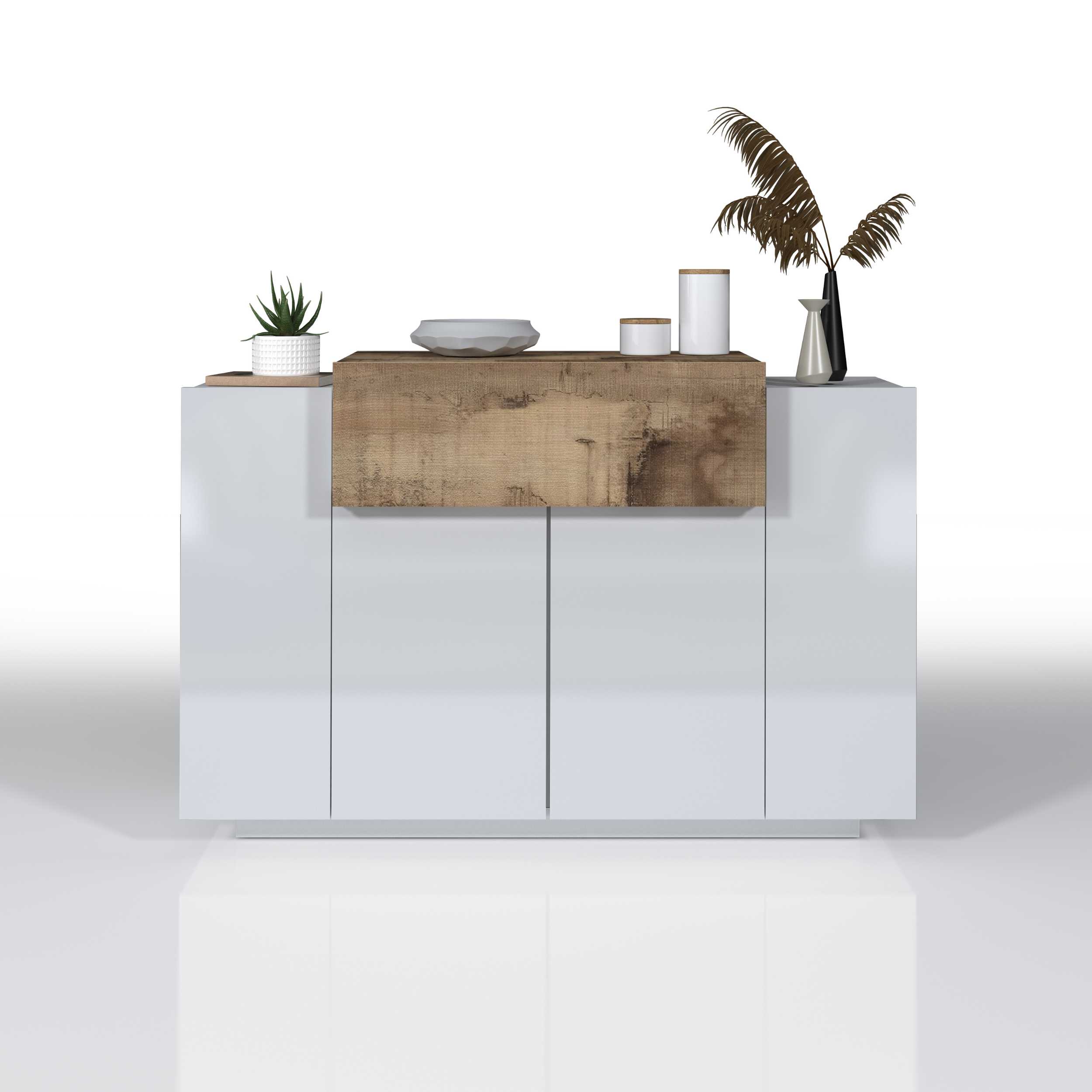 WHOUS Scarpiera Ingresso Bianca/Acero 120x45x85 cm con 2 ante, 1 ribalta e 9 scomparti, Made in Italy