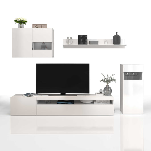 WHOUS Parete Attrezzata Bianco Lucido 240x40x160 cm con Vetrina sospesa, Vetrina a Terra, Mobile Porta TV e Mensola, Made in Italy