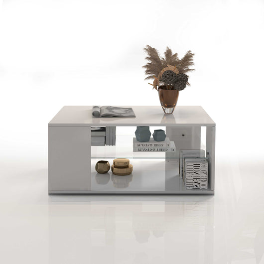 WHOUS Tavolino da CaffÃ¨ Bianco Lucido 90x60x40 cm con Ripiano in Vetro, Made in Italy