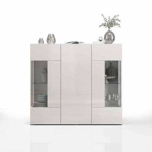 WHOUS Credenza Bianco lucido 135x40x120 cm con 3 Ante, 11 Vani con Inserti in Vetro Espositivi, Made in Italy