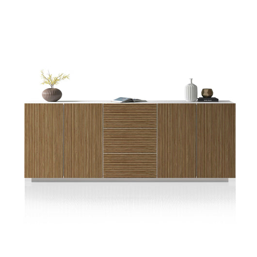WHOUS Credenza Soggiorno in Stile Canneté, Made in Italy COLORE: Bianco opaco/Legno chiaro, STILE: 4 ante e 3 cassetti