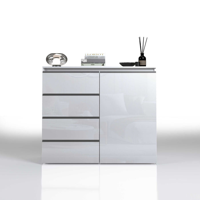 WHOUS Credenza Cassettiera Bianco Lucido, Made in Italy STILE: 1 anta e 4 cassetti