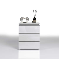 WHOUS Comodino con Luce LED 50x40x65 cm con con 3 Cassetti e Manici in Alluminio, Made in Italy COLORE: Bianco lucido
