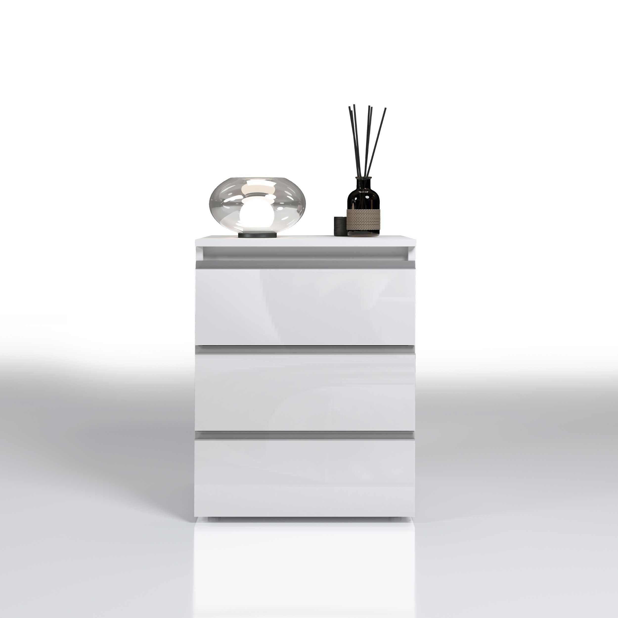 WHOUS Comodino con Luce LED 50x40x65 cm con con 3 Cassetti e Manici in Alluminio, Made in Italy COLORE: Bianco lucido