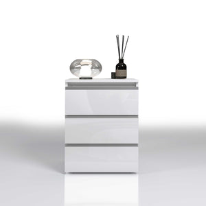 WHOUS Comodino con Luce LED 50x40x65 cm con con 3 Cassetti e Manici in Alluminio, Made in Italy COLORE: Bianco lucido