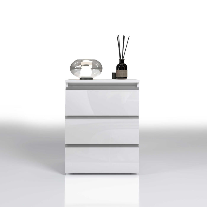 WHOUS Comodino con Luce LED 50x40x65 cm con con 3 Cassetti e Manici in Alluminio, Made in Italy COLORE: Bianco lucido