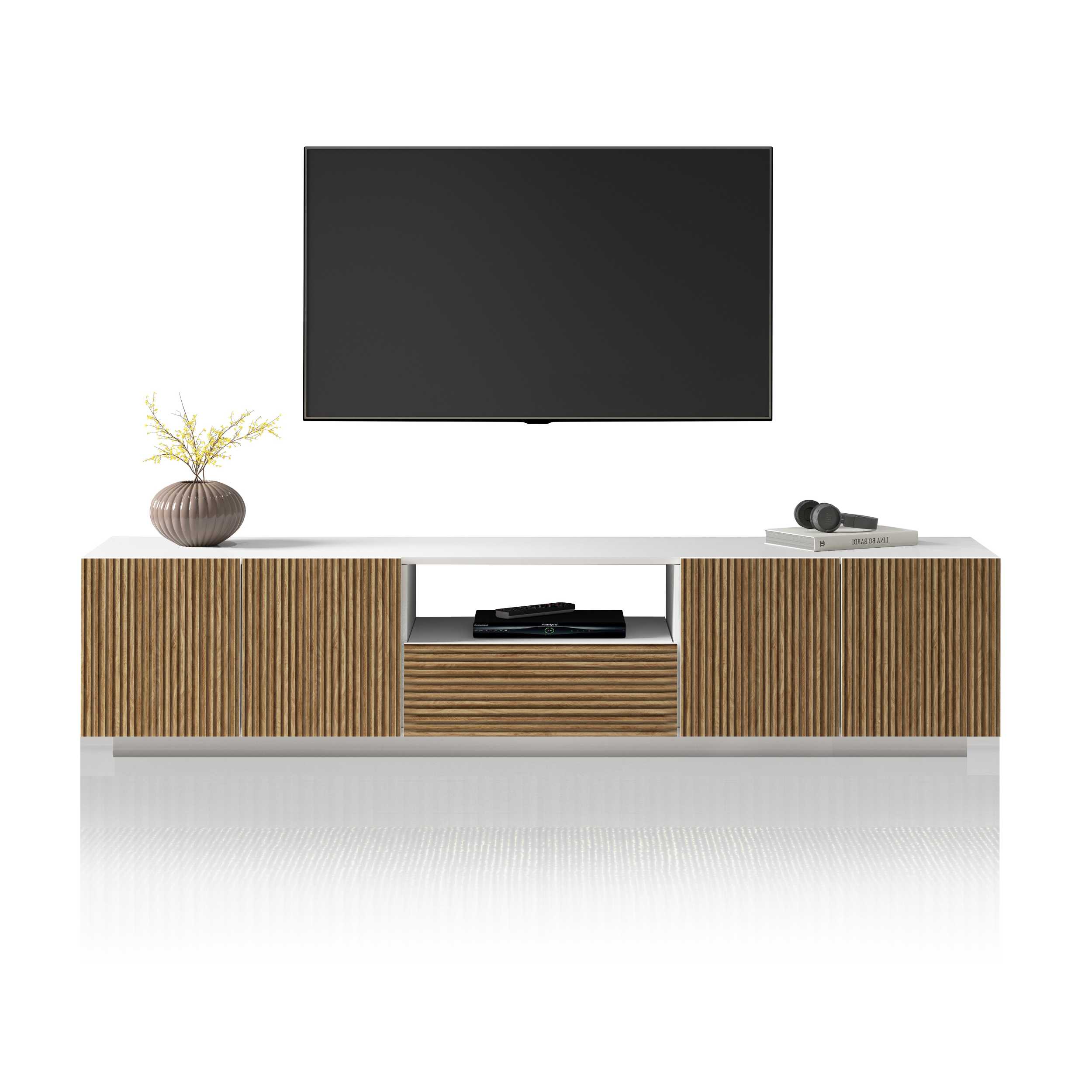 WHOUS Mobile Porta TV in Stile Canneté, Made in Italy COLORE: Bianco opaco/Legno chiaro, STILE: 4 ante e 1 cassetto