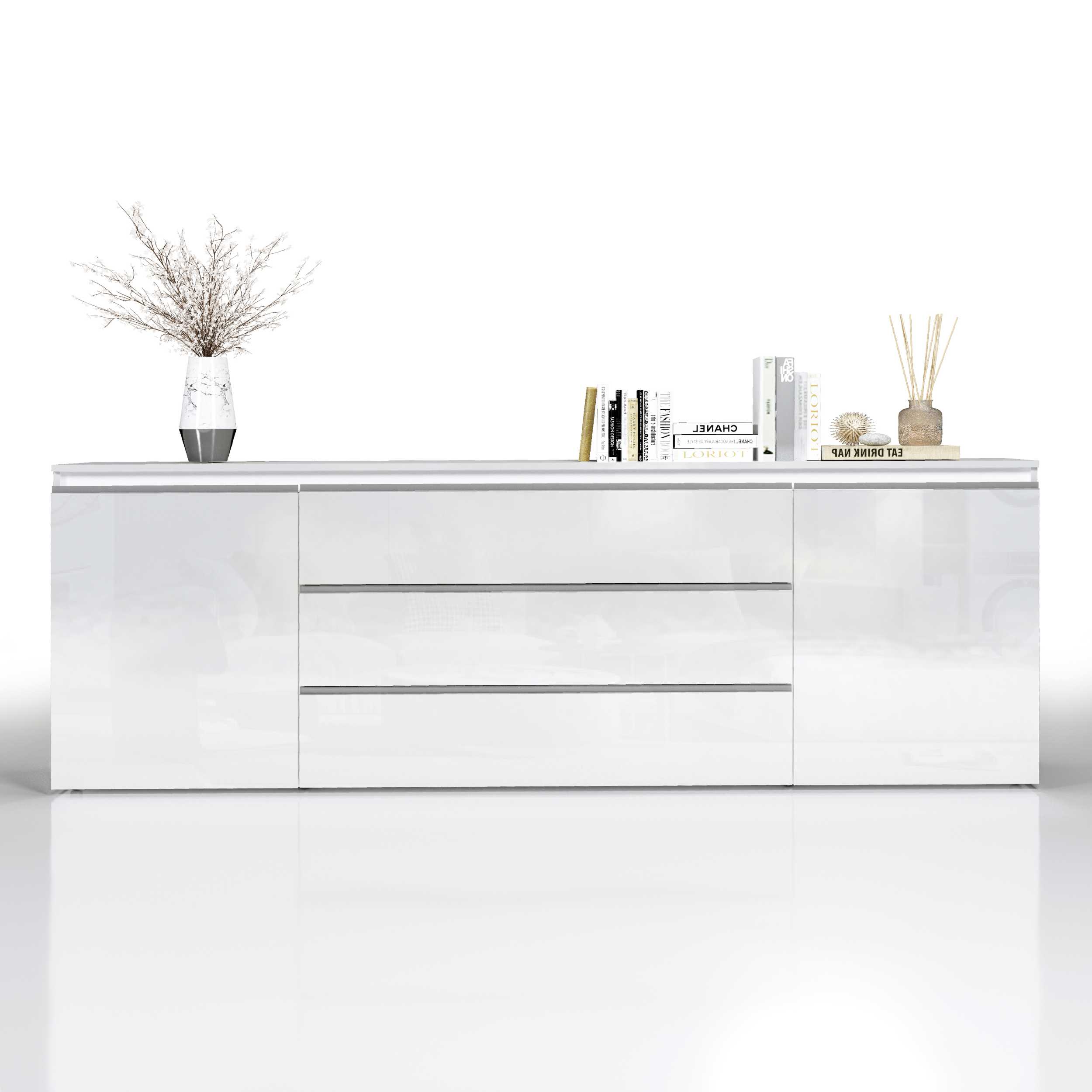 WHOUS Credenza Cassettiera Bianco Lucido, Made in Italy STILE: 2 ante e 3 cassetti largo