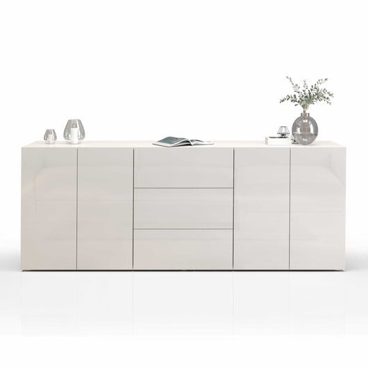 WHOUS Credenza Soggiorno Bianco Lucido, Made in Italy STILE: 4 ante e 3 cassetti
