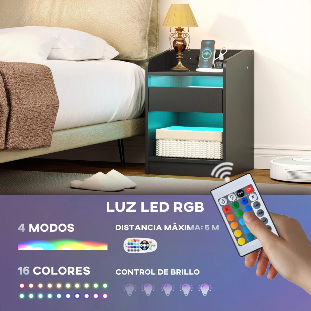 Comodino con Luci LED RGB e Cassetto ¨C Zephmum ¨C 40x40x58 Cm Nero