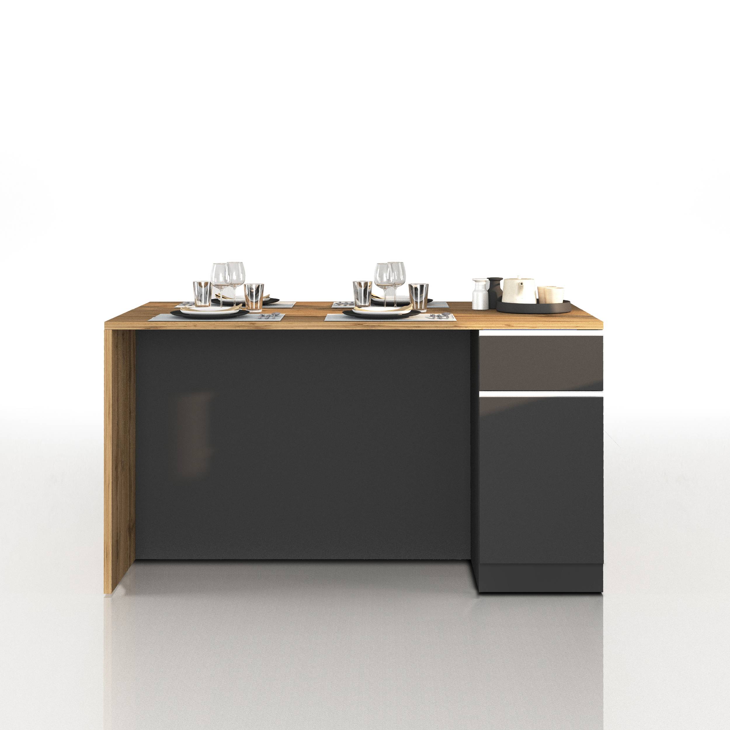 WHOUS Isola da Cucina Multifunzione con Tavolo da Pranzo fino a 4 Persone e Piano da Lavoro con Credenza Contenitiva, Made in Italy COLORE: Antracite opaco/rovere, STILE: 2 ante e 2 cassetti