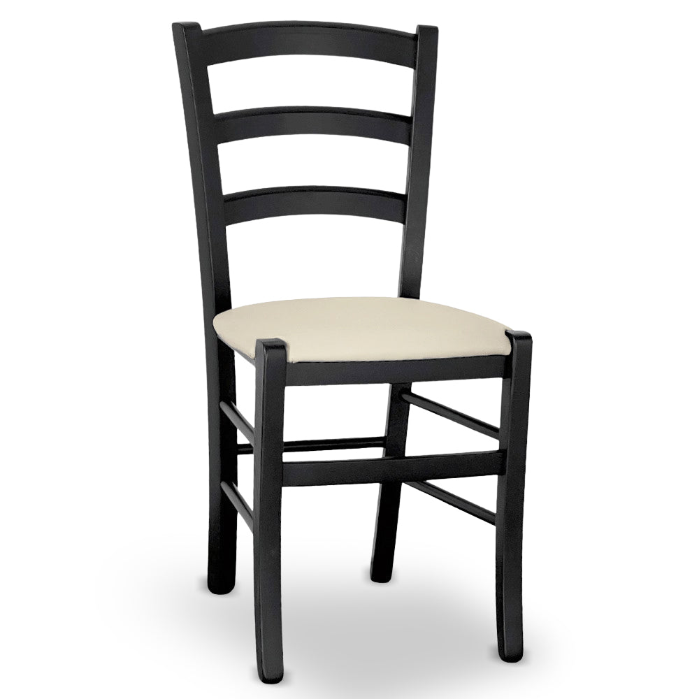 Sedia Venezia in legno di faggio nero con seduta in similpelle beige