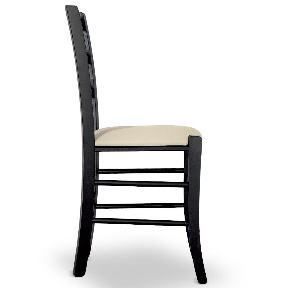 Sedia Venezia in legno di faggio nero con seduta in similpelle beige