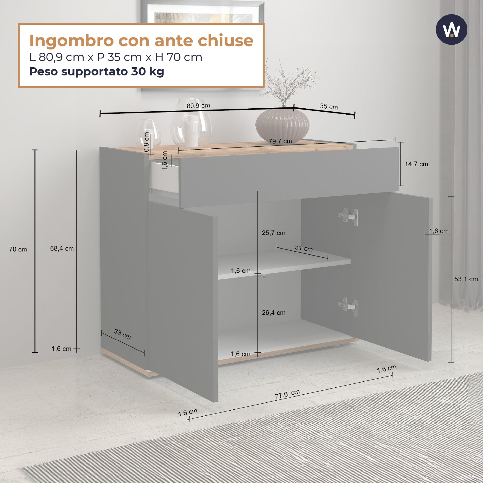 WHOUS Credenza Soggiorno, Made in Italy COLORE: Antracite Opaco e Rovere, STILE: 2 ante e 1 cassetto