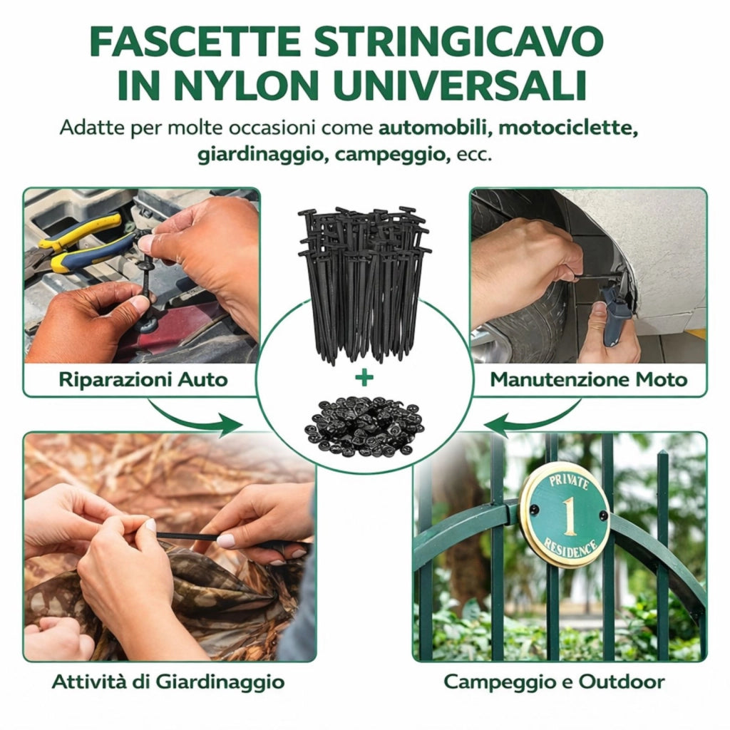 50 Fascette Nylon Auto + Clip Rivetto a Bottone Autobloccanti Fissaggio Paraurti