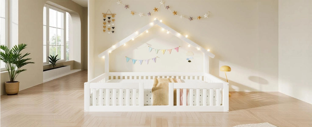Letto per bambini 90 × 200 cm con barriera di sicurezza et luci LED, senza materasso, in legno, bianco
