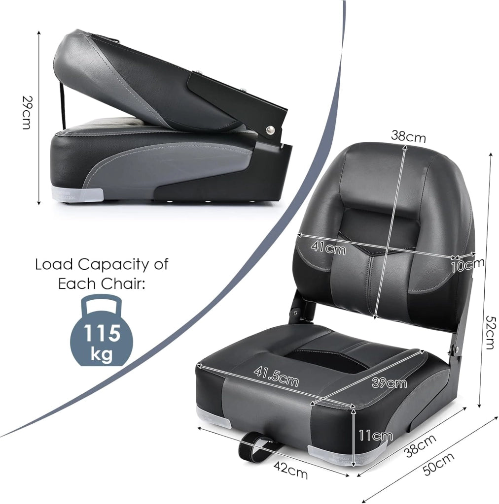 2 pezzi sedile barca accessori per barche con schienale ribaltabile, sedia da barca ergonomica in PVC e PP, capacità di carico fino a 110 kg, 50 x 52 x 42 cm (nero)