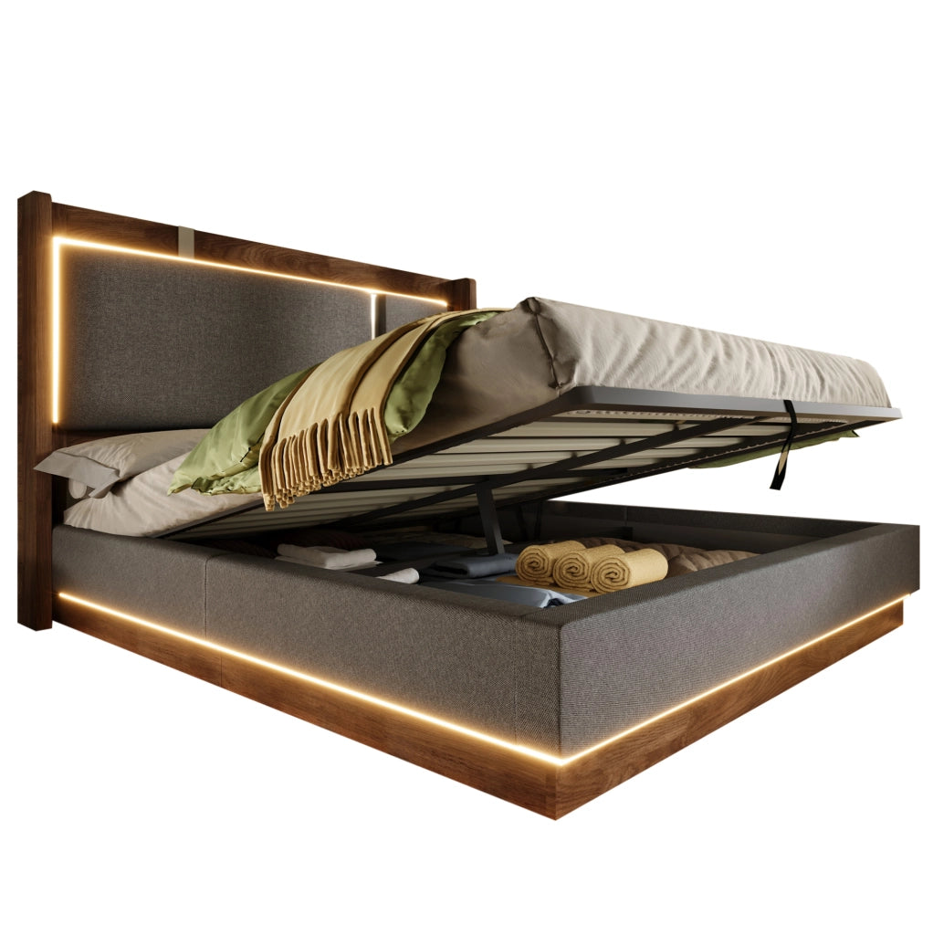 Letto matrimoniale 160x200 cm con contenitore; LED e struttura in metallo; grigio e noce