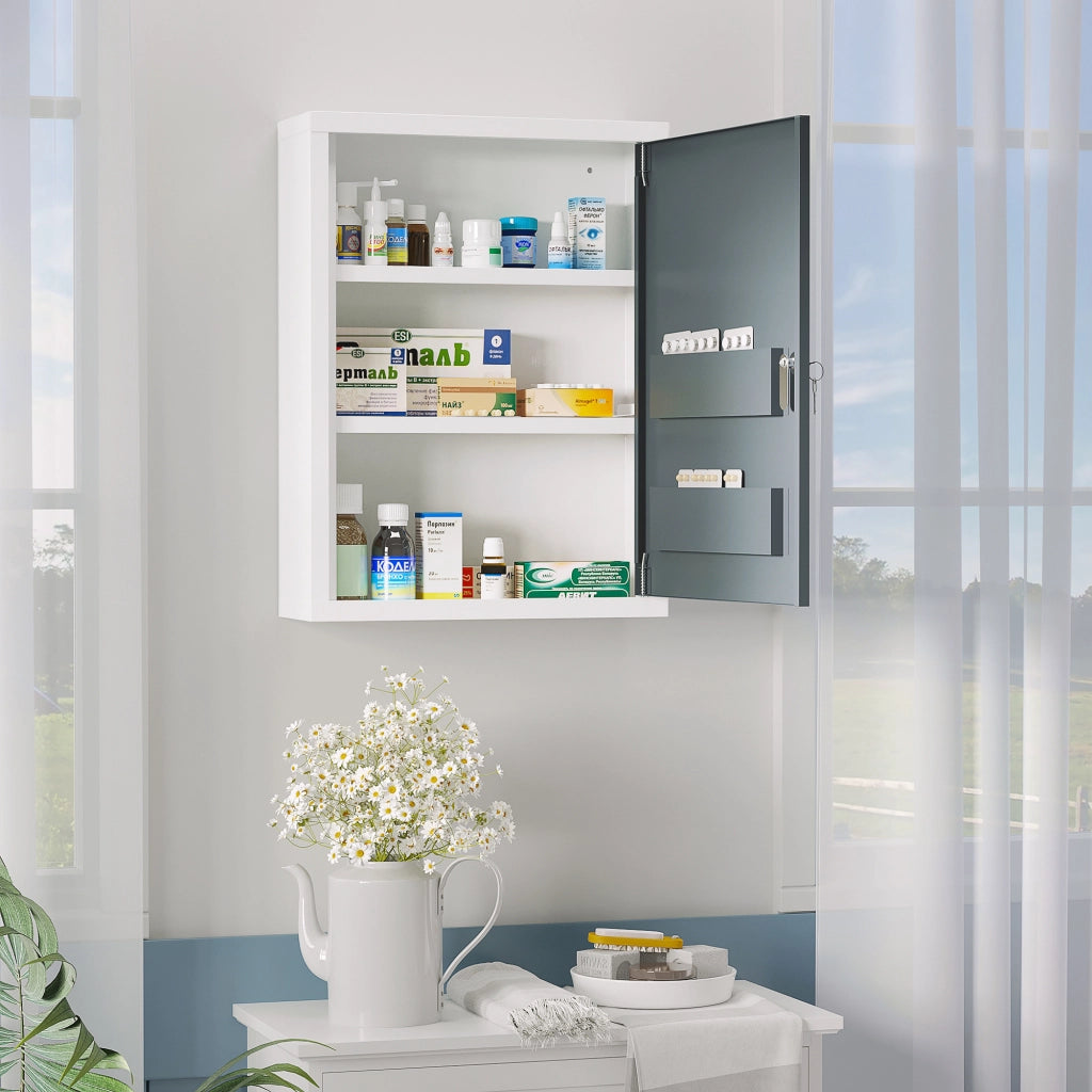 Easycomfort Armadietto Medicinali con 3 Ripiani e Blocco con Chiavi in Acciaio, 40x15x53.5cm, Bianco e Grigio
