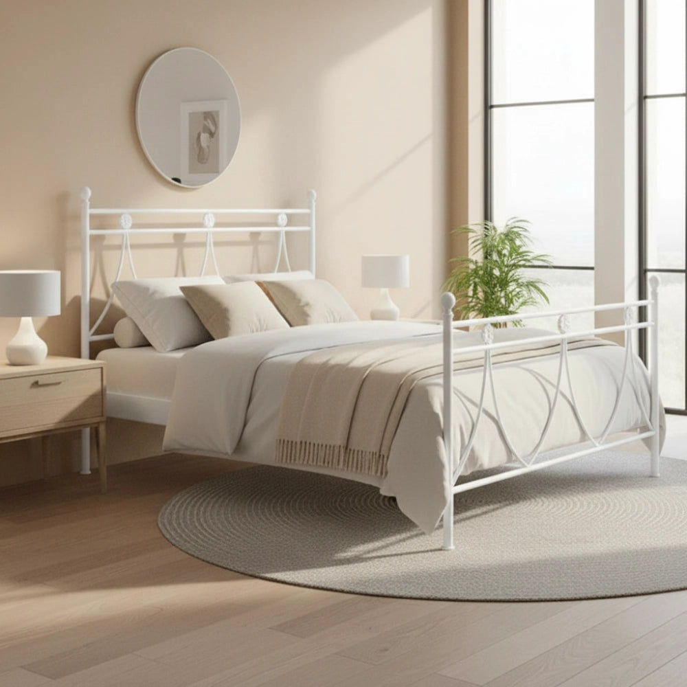 Letto in ferro una piazza e mezza Melissa con decoro floreale bianco opaco 130x200 cm.