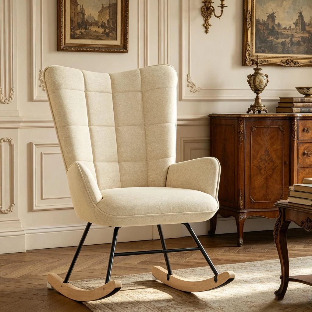 Sedia a dondolo ergonomica con schienale alto e braccioli curvi per lettura e relax in velluto e legno beige