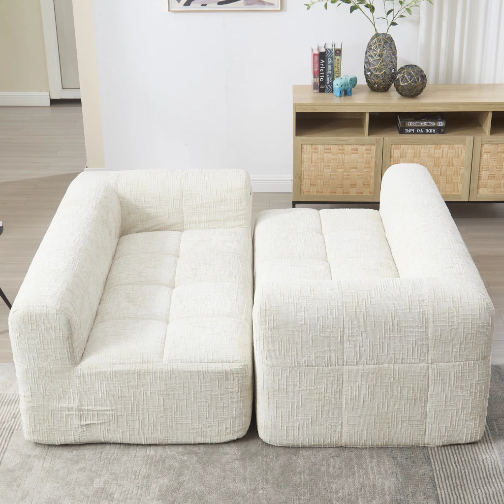 Divano chaise longue in chenille beige, morbida imbottitura in schiuma, tasche laterali e cuscino incluso