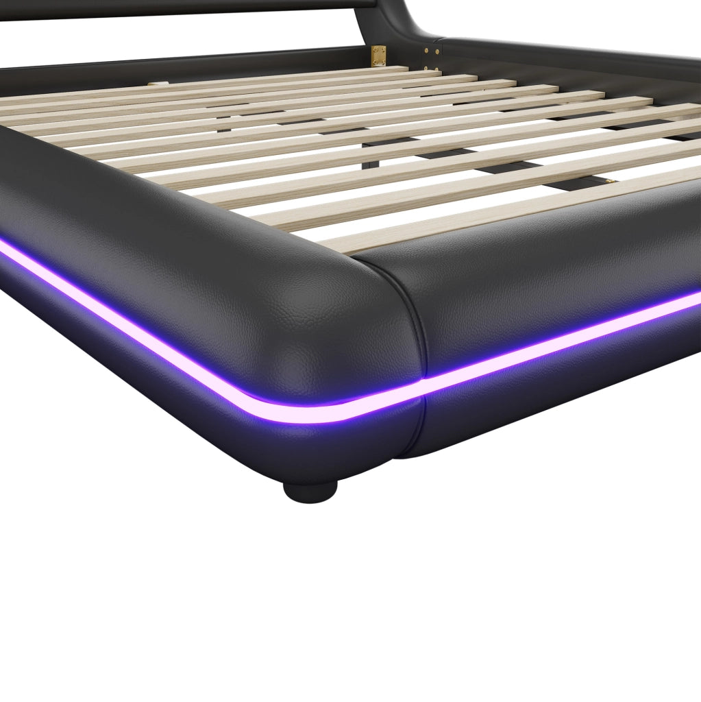 Letto a terra ULEVR 160x200 cm con LED multicolore controllabili tramite app e telecomando, PU e MDF, nero