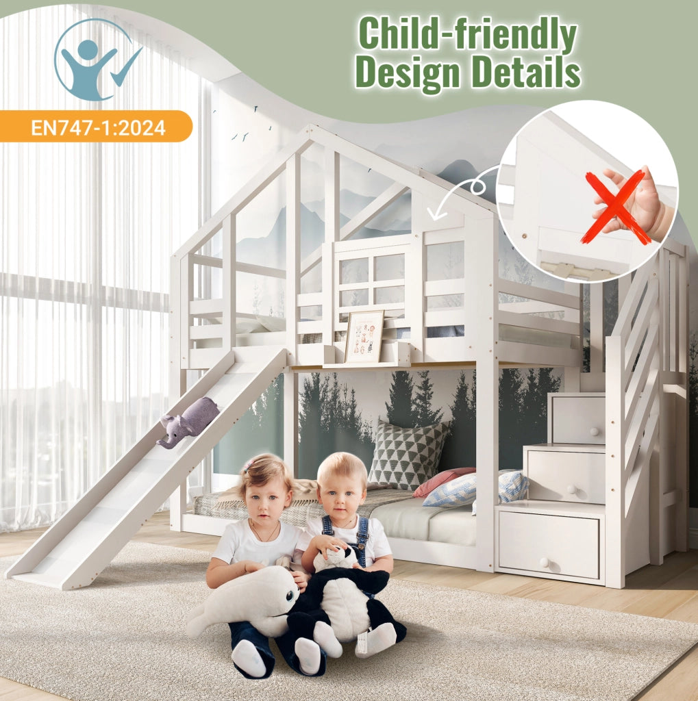Letto a castello per bambini a casetta con scivolo 90x200 cm in legno massello e MDF; bianco
