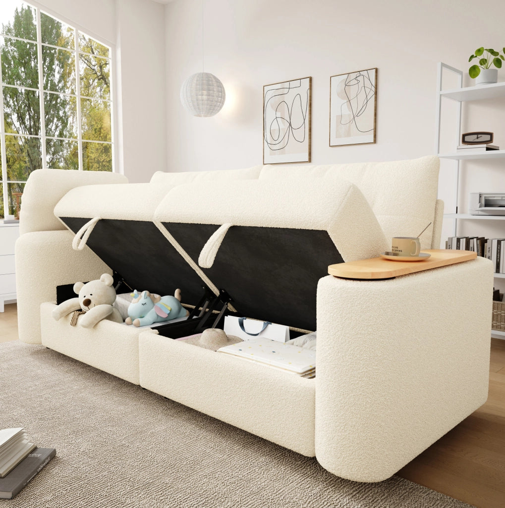 Divano modulare 2 posti con tavolino integrato e contenitore in teddy beige
