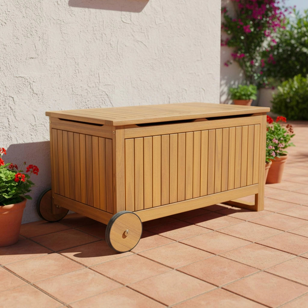 Cassapanca da giardino in legno di acacia con ruote, 119l, teck