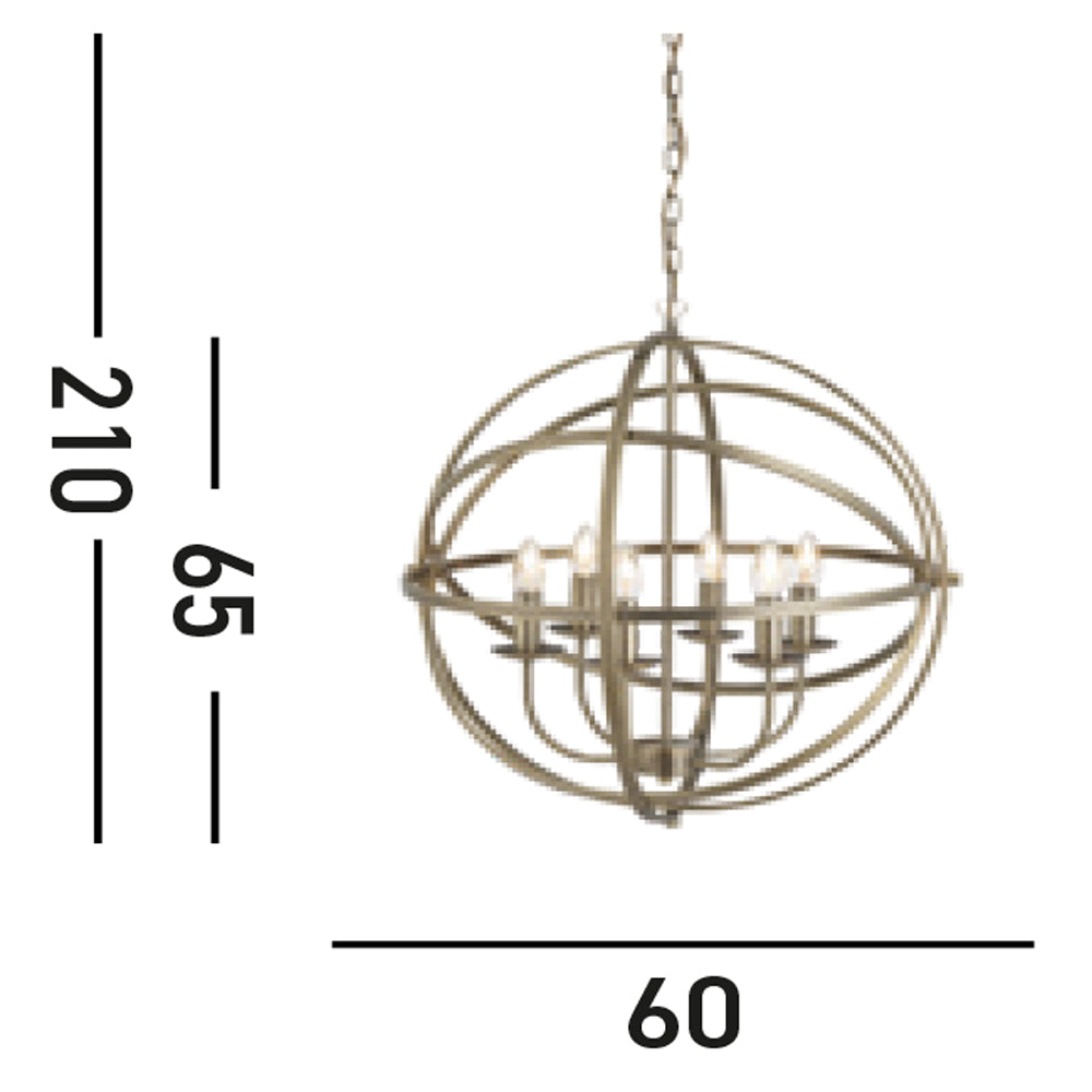 Lampadario Industrial-Nordico Orbita Acciaio Ottone 6 Luci E14
