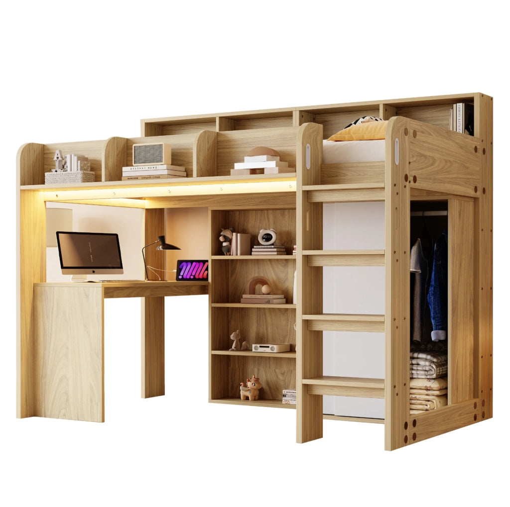 Letto a soppalco 90x200 cm con scrivania, armadio e LED