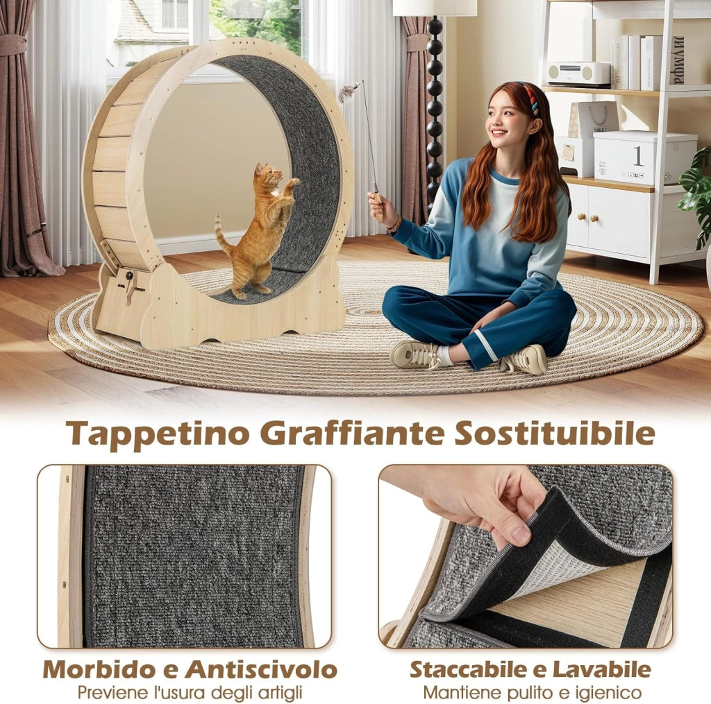 Ruota per Esercizio per Gatti da Interno 101 cm, Tapis Roulant per Gatti con Meccanismo di Blocco, Corsa con Moquette Rimovibile, Ruota di Allenamento in Legno a Rumore Ultra Basso