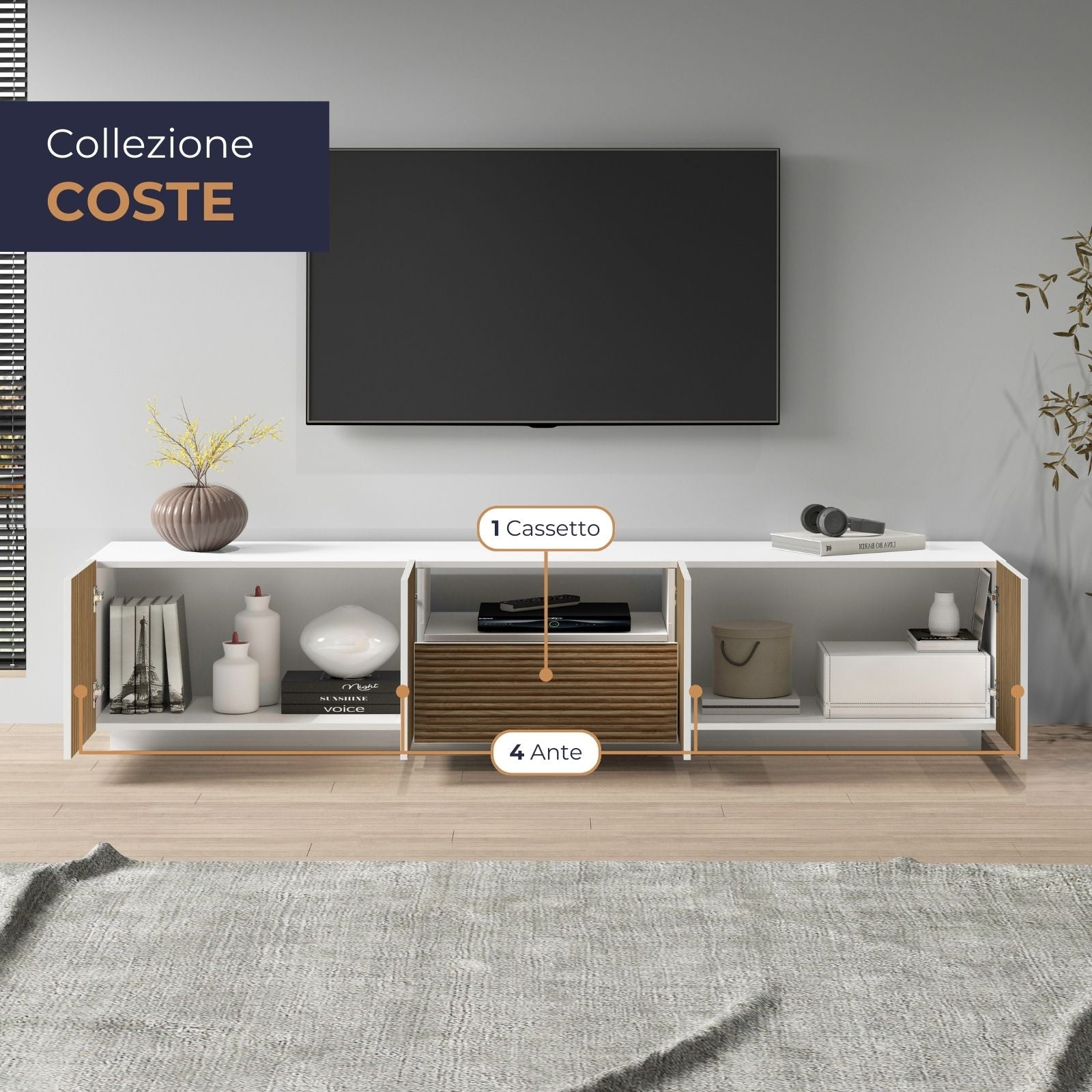 WHOUS Mobile Porta TV in Stile Canneté, Made in Italy COLORE: Bianco opaco/Legno chiaro, STILE: 4 ante e 1 cassetto