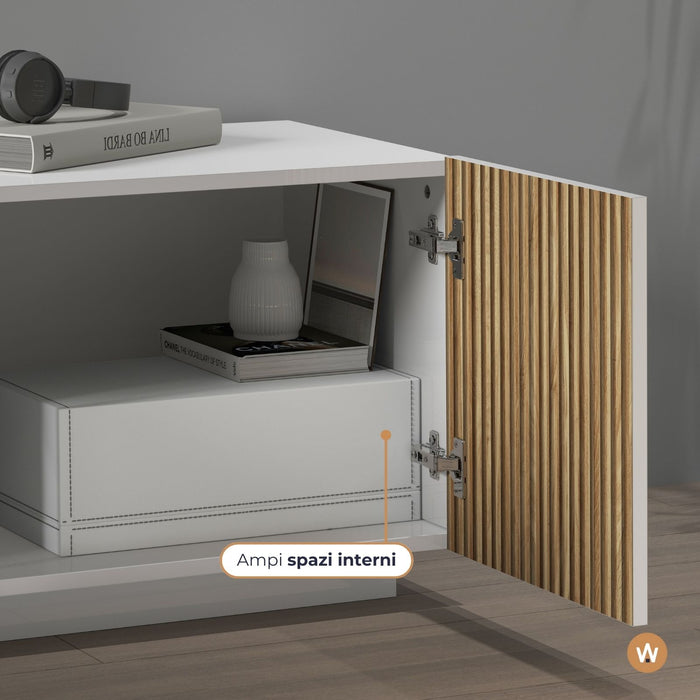 WHOUS Mobile Porta TV in Stile Canneté, Made in Italy COLORE: Bianco opaco/Legno chiaro, STILE: 4 ante e 1 cassetto