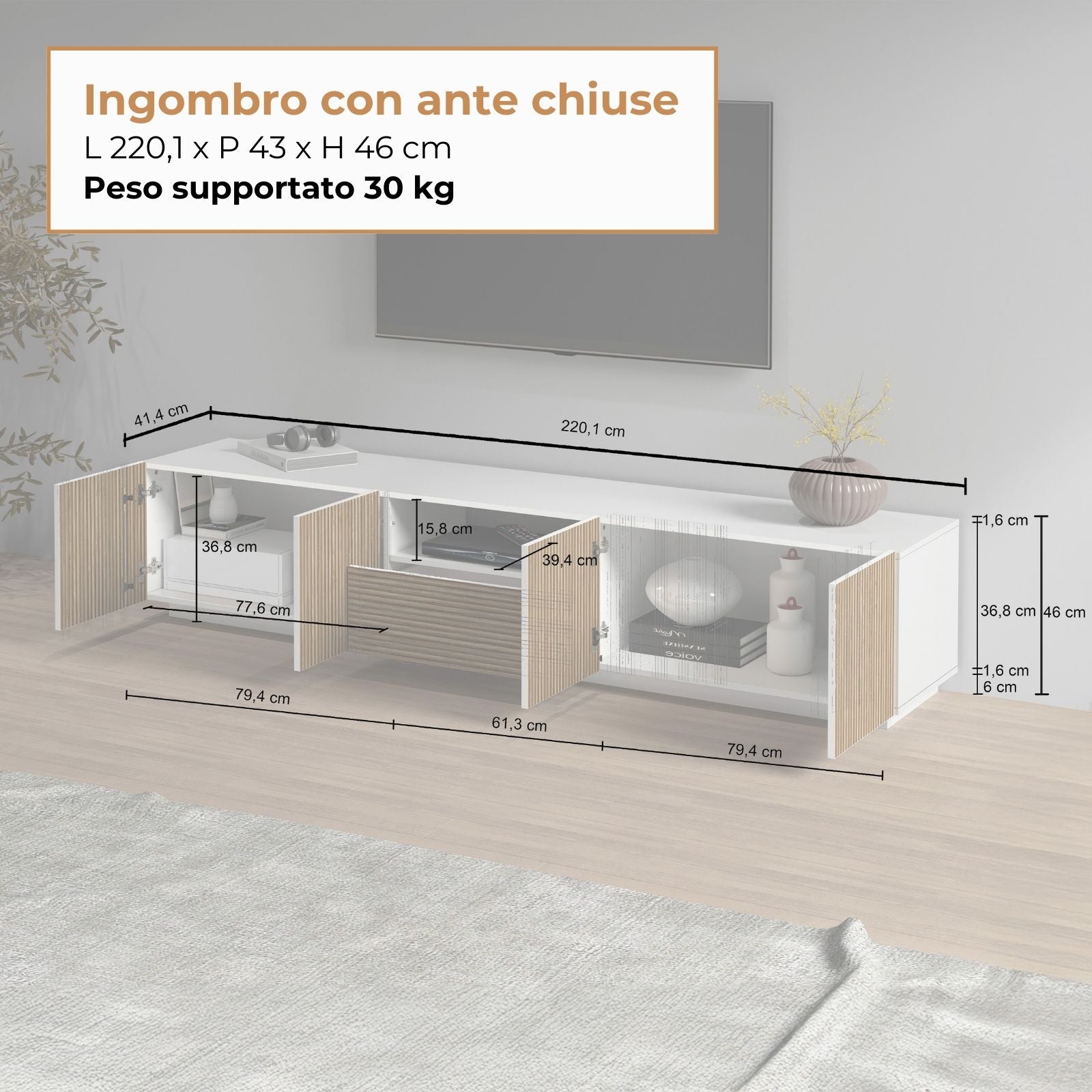 WHOUS Mobile Porta TV in Stile Canneté, Made in Italy COLORE: Bianco opaco/Legno chiaro, STILE: 4 ante e 1 cassetto