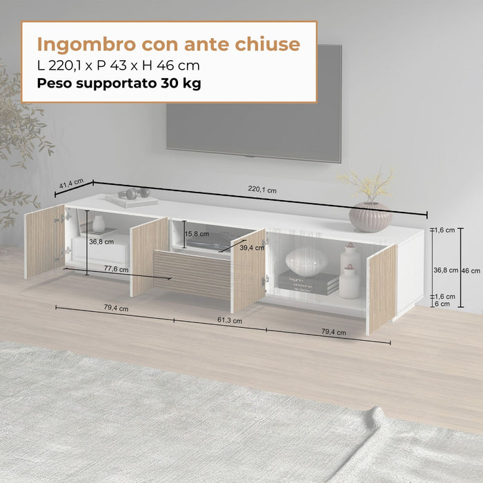 WHOUS Mobile Porta TV in Stile Canneté, Made in Italy COLORE: Bianco opaco/Legno chiaro, STILE: 4 ante e 1 cassetto