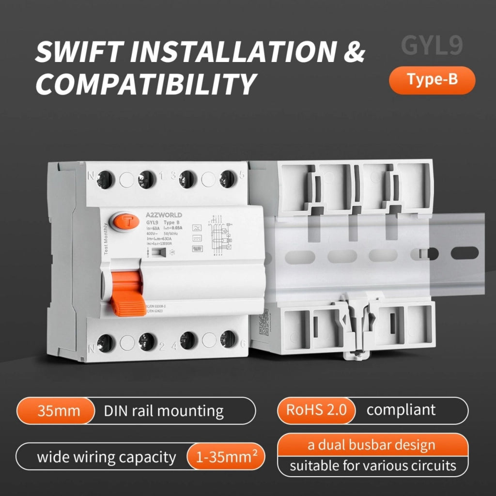 RCCB Interruttore Differenziale Puro Tipo B 3P+N 4M 10000A 30mA 63A AC 400V IP20 IEC61008-1 / IEC62423 GYL9