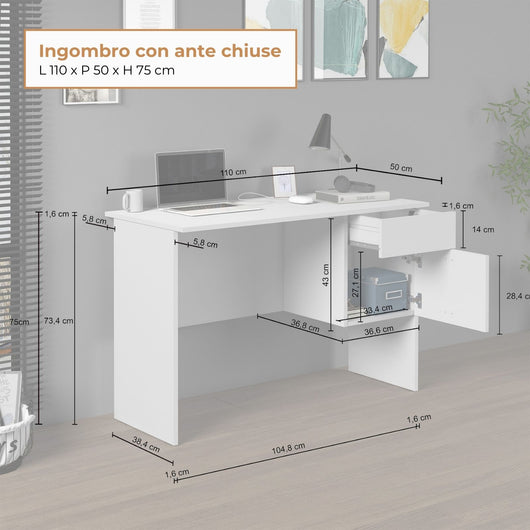 WHOUS Scrivania 110x50x75 cm con 1 Cassetto e 1 Anta, Made in Italy COLORE: Bianco opaco