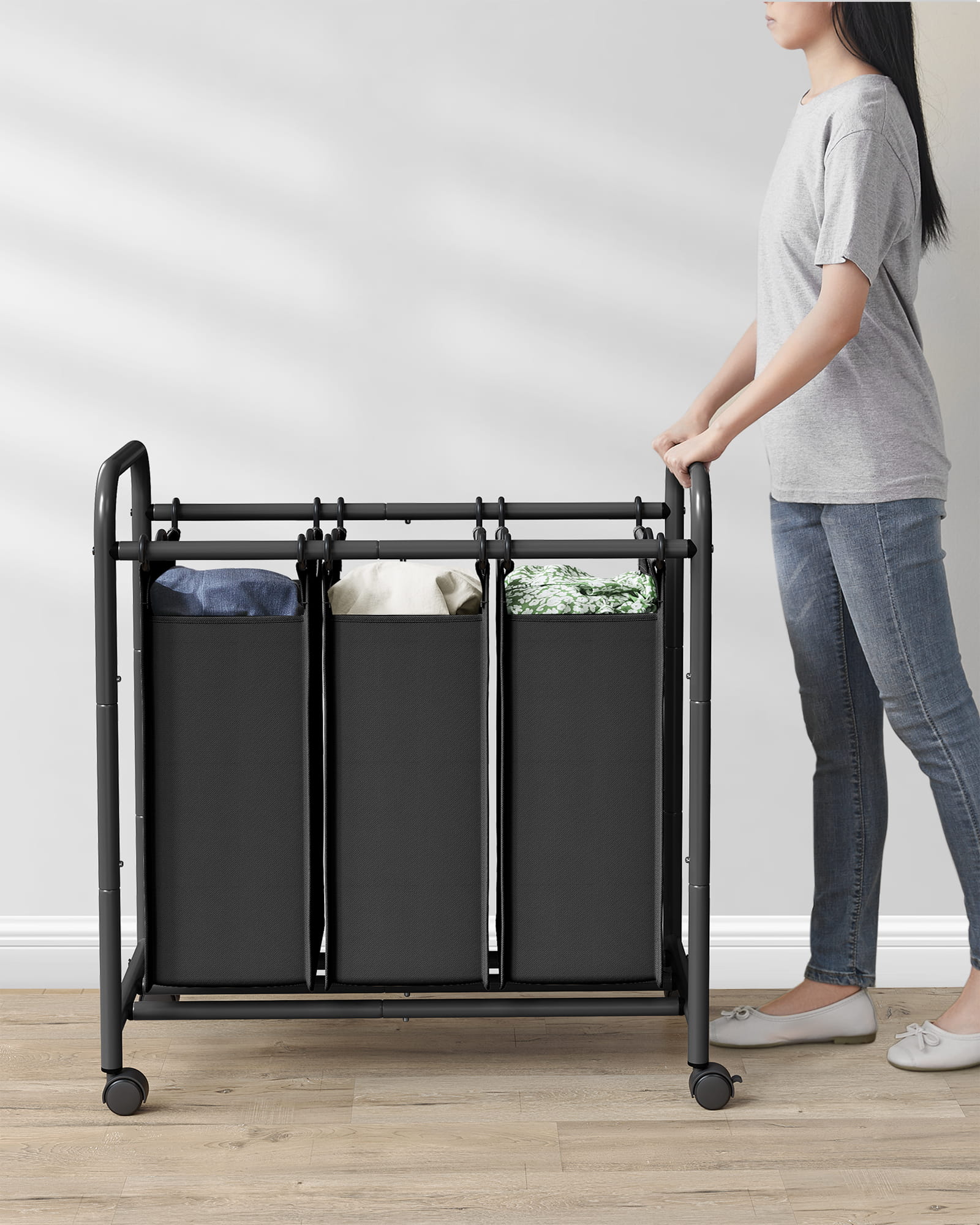 Valora CESTINO PER LA BIANCHERIA Grigio Telaio in acciaio a 3 scomparti x3