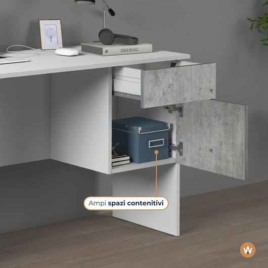 WHOUS Scrivania 110x50x75 cm con 1 Cassetto e 1 Anta, Made in Italy COLORE: Bianco opaco/cemento