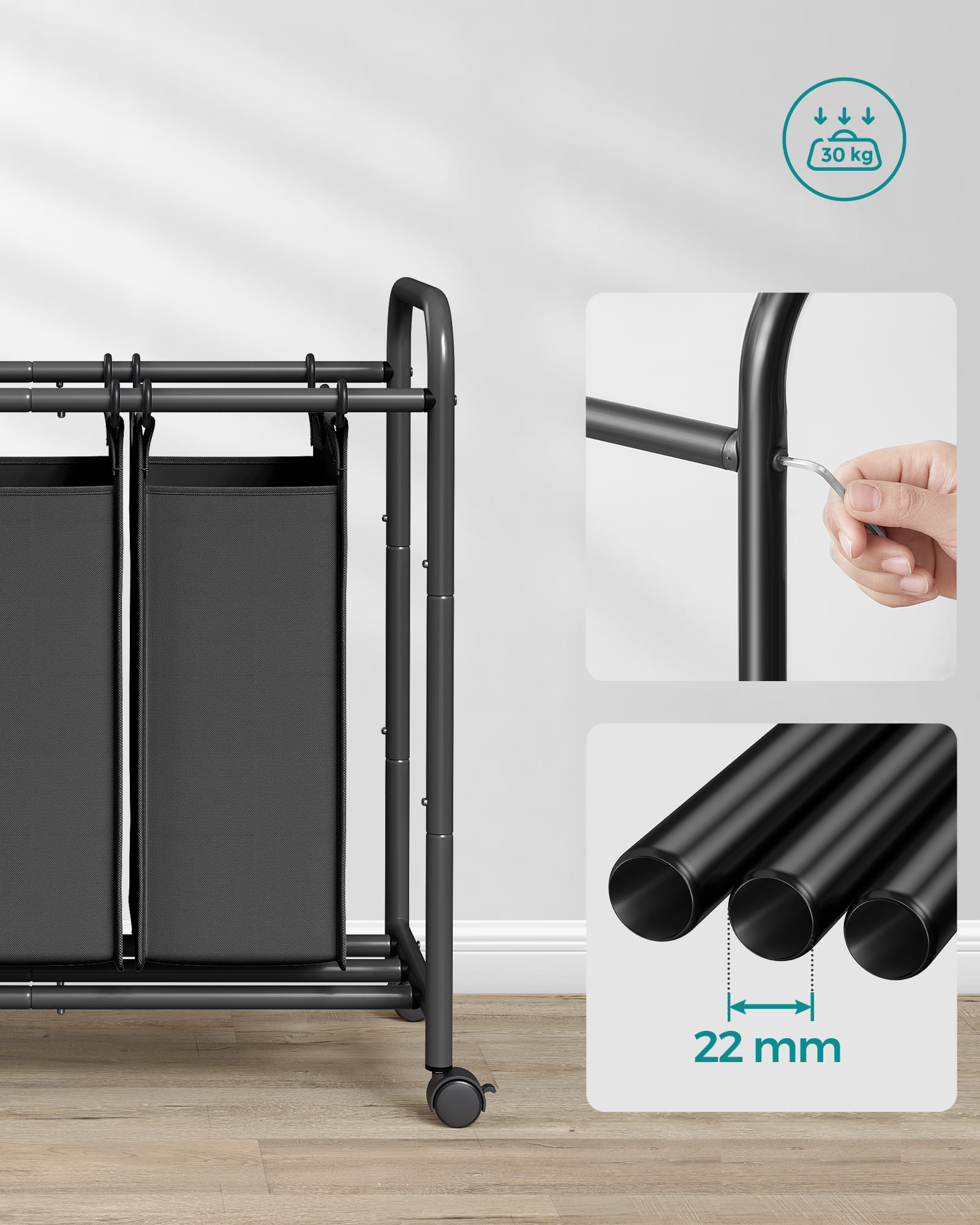 Valora CESTINO PER LA BIANCHERIA Grigio Telaio in acciaio a 3 scomparti x3