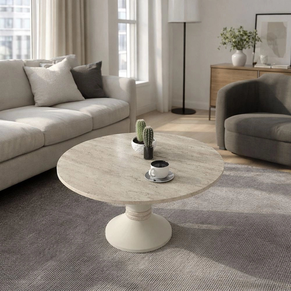 Tavolino Rotondo da Salotto Lepper Travertino e Cashmere con Dettaglio Circolare