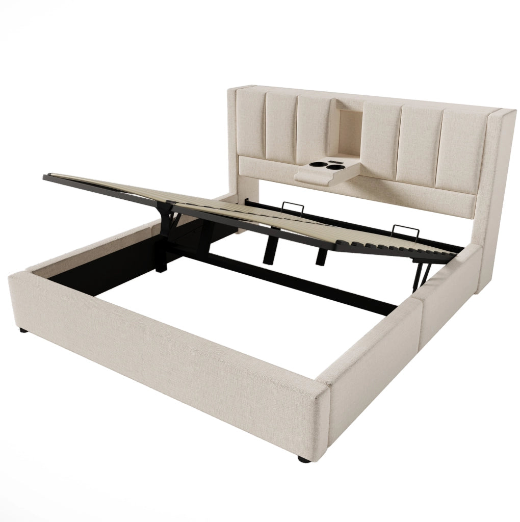 Letto matrimoniale 140x200 cm imbottito in lino beige con materasso; contenitore e ricarica USB