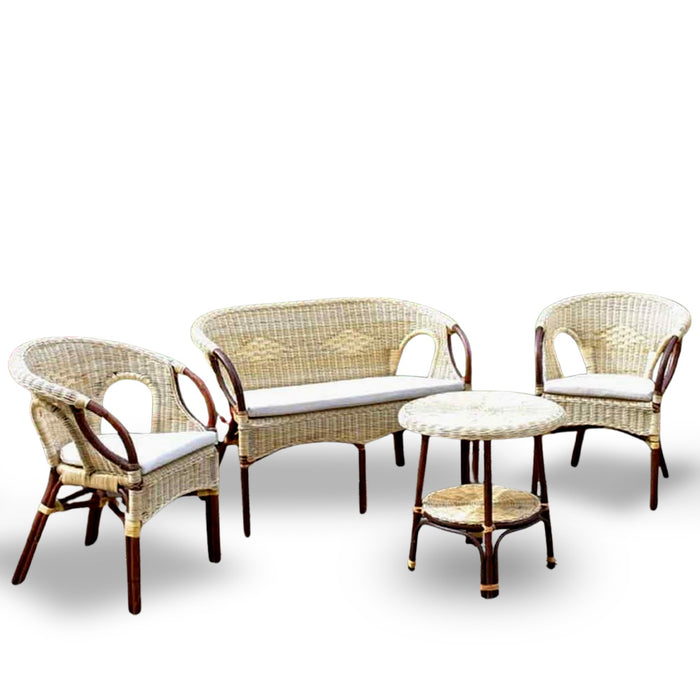 Salotto mandolino in vimini divano 2 poltrone 1 tavolo  cuscini in omaggio