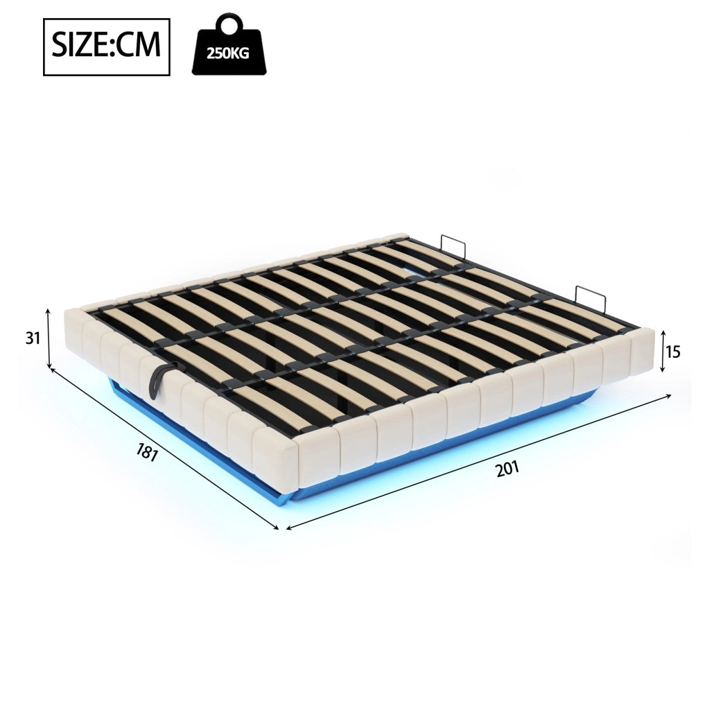 Letto matrimoniale sospeso imbottito 180x200 cm con contenitore; LED; beige in lino